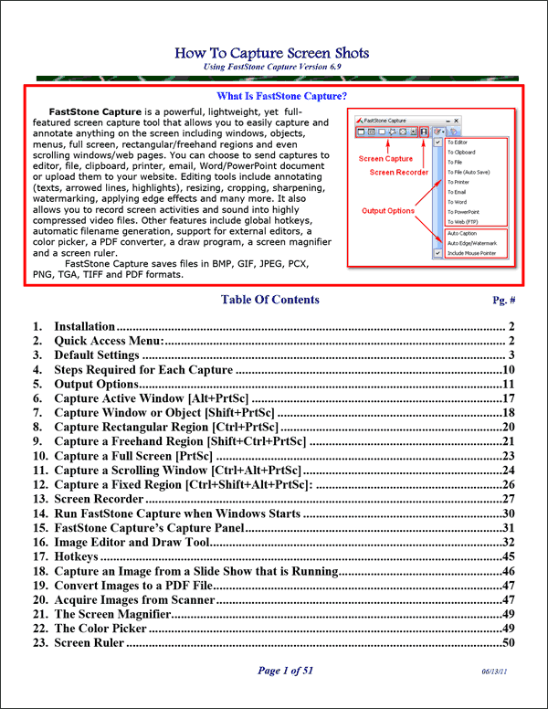 FastStone Capture tutorial table of contents page 1